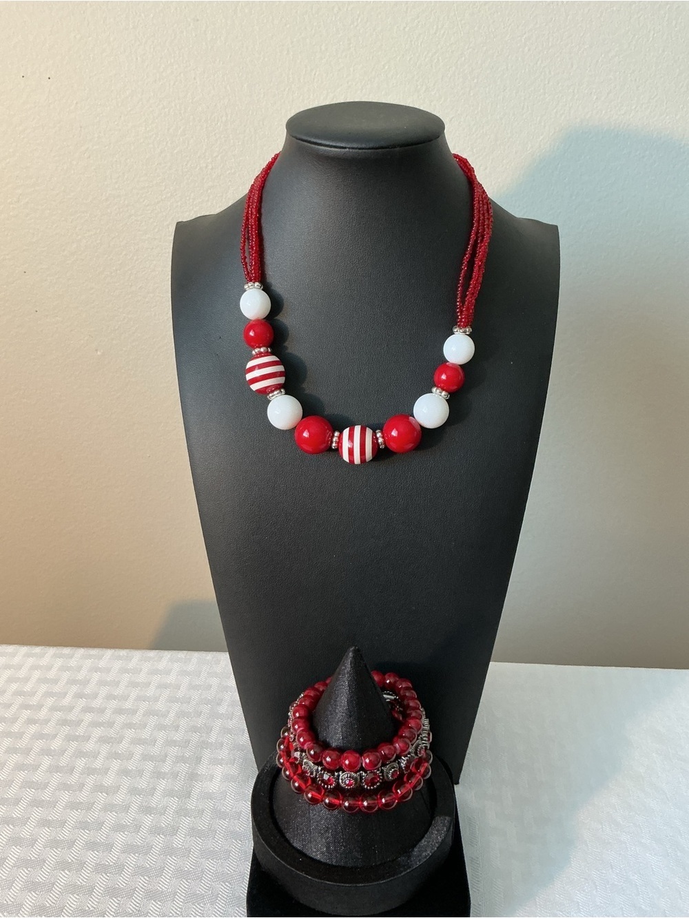 Red and White Silver Tone Necklace and Three Bracelets